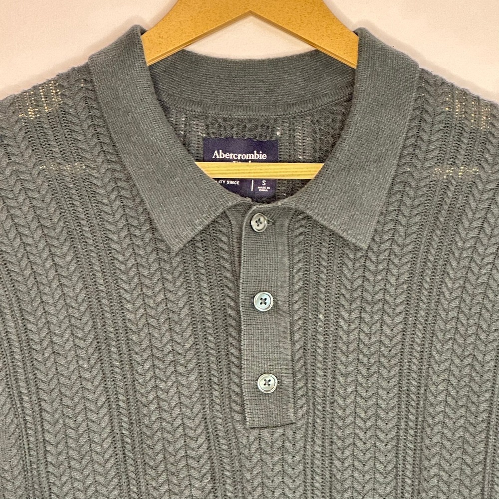 Abercrombie & Fitch Polo Sweater Mens S Green Cable Knit Long Sleeve - Picture 2 of 8